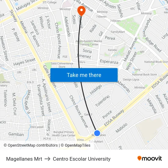 Magellanes Mrt to Centro Escolar University map