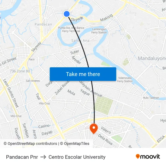 Pandacan Pnr to Centro Escolar University map