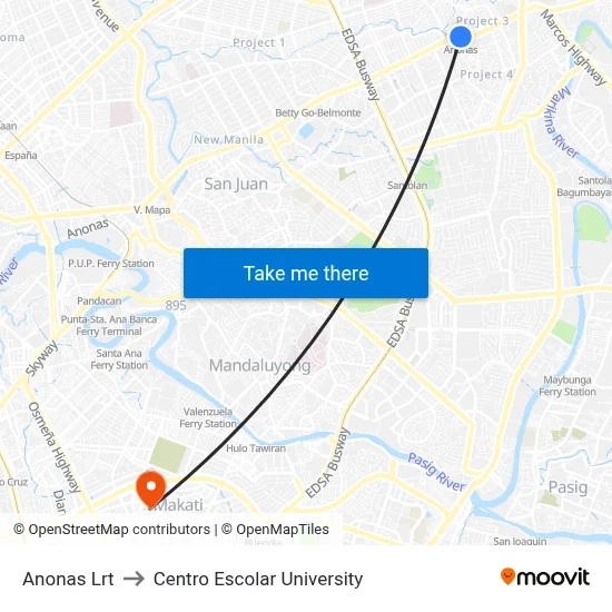 Anonas Lrt to Centro Escolar University map