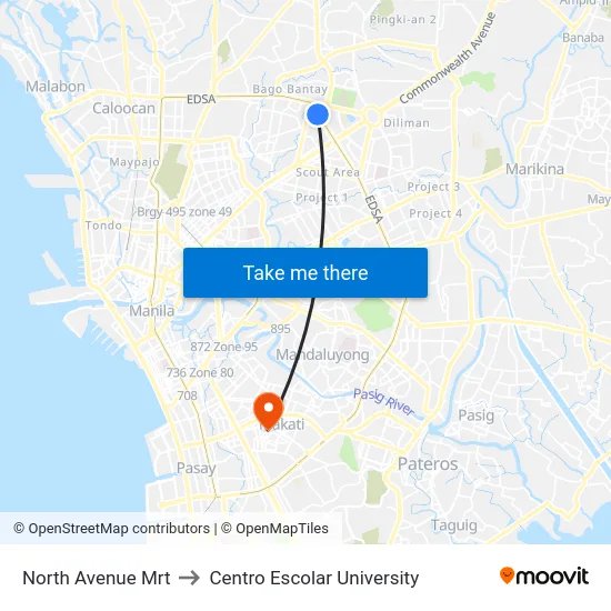 North Avenue Mrt to Centro Escolar University map
