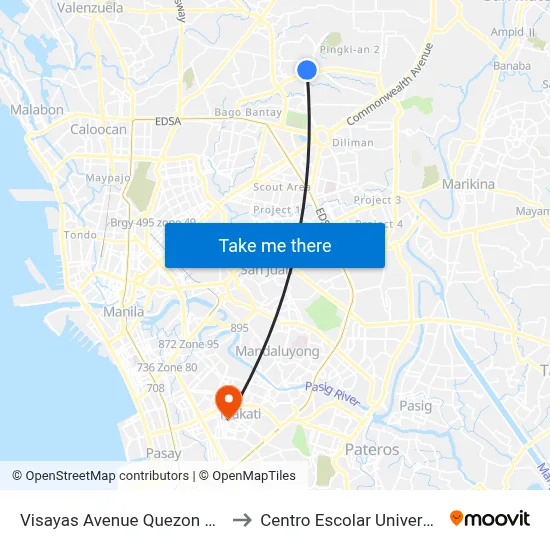Visayas Avenue Quezon City to Centro Escolar University map