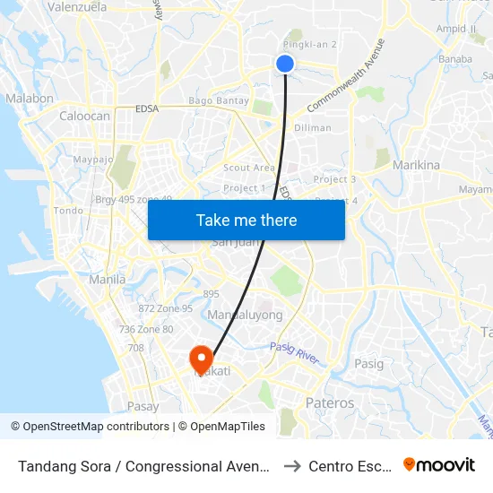 Tandang Sora / Congressional Avenue Extension Intersection, Quezon City to Centro Escolar University map