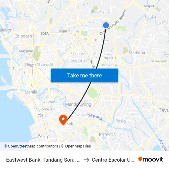 Eastwest Bank, Tandang Sora, Quezon City to Centro Escolar University map