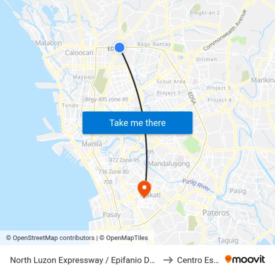 North Luzon Expressway / Epifanio De Los Santos Avenue Intersection, Caloocan City to Centro Escolar University map