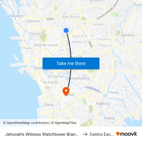 Jehovah's Witness Watchtower Branch Office, Roosevelt Avenue, Quezon City to Centro Escolar University map
