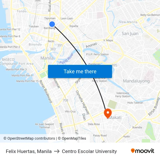 Felix Huertas, Manila to Centro Escolar University map