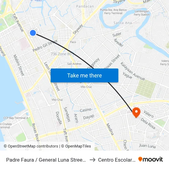 Padre Faura / General Luna Street Intersection, Manila to Centro Escolar University map