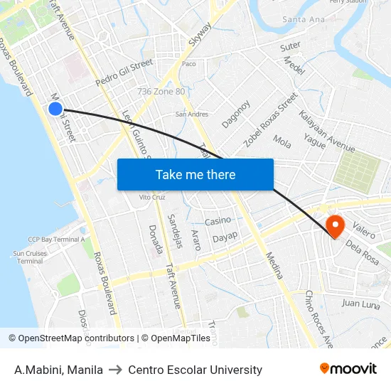 A.Mabini, Manila to Centro Escolar University map