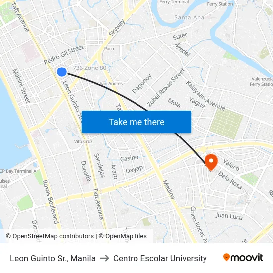 Leon Guinto Sr., Manila to Centro Escolar University map