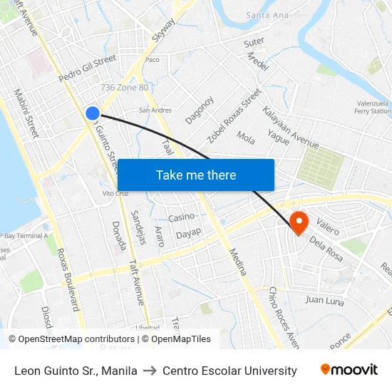 Leon Guinto Sr., Manila to Centro Escolar University map
