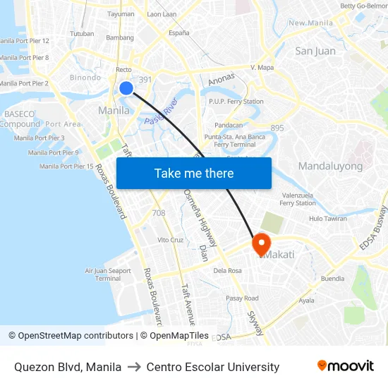 Quezon Blvd, Manila to Centro Escolar University map