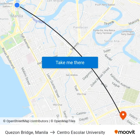 Quezon Bridge, Manila to Centro Escolar University map