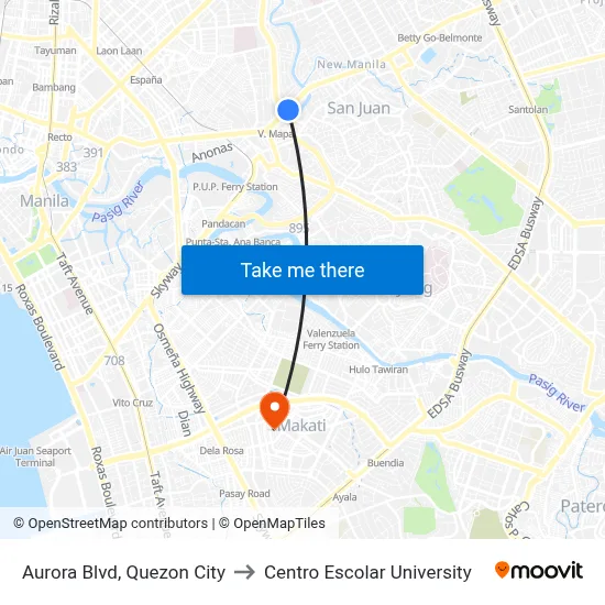 Aurora Blvd, Quezon City to Centro Escolar University map