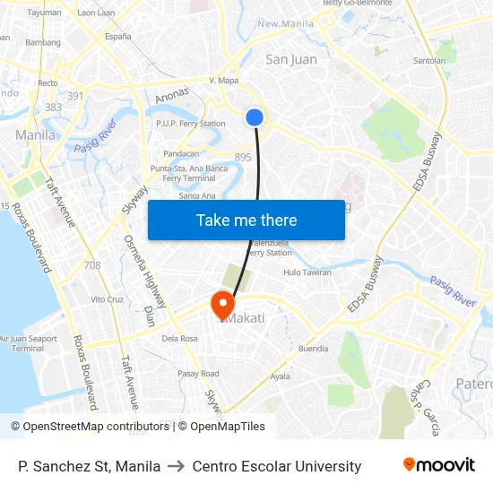 P. Sanchez St, Manila to Centro Escolar University map