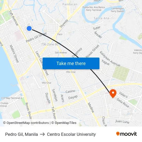 Pedro Gil, Manila to Centro Escolar University map