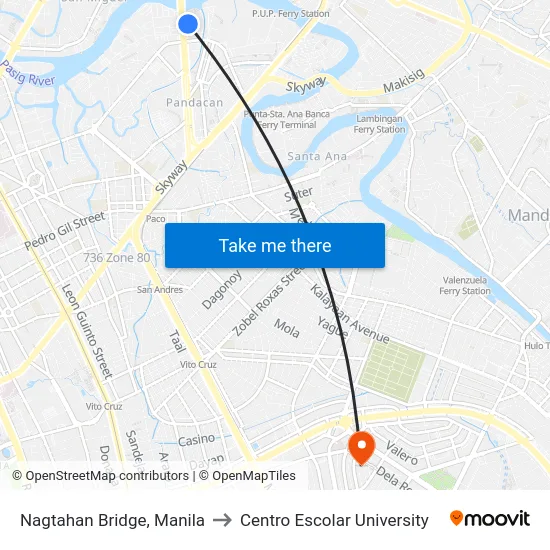 Nagtahan Bridge, Manila to Centro Escolar University map