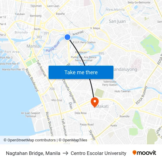 Nagtahan Bridge, Manila to Centro Escolar University map