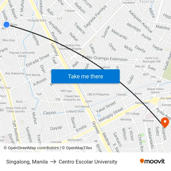 Singalong, Manila to Centro Escolar University map