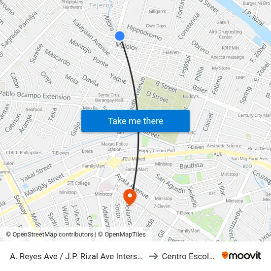 A. Reyes Ave / J.P. Rizal Ave Intersection, Makati City, Manila to Centro Escolar University map