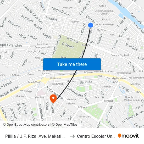 Pililla / J.P. Rizal Ave, Makati City, Manila to Centro Escolar University map
