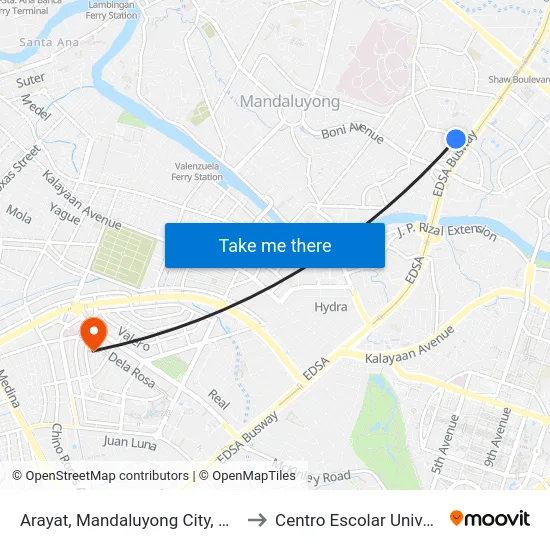Arayat, Mandaluyong City, Manila to Centro Escolar University map