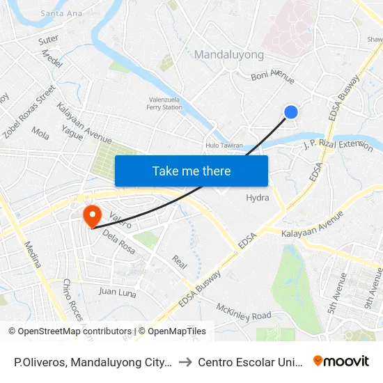 P.Oliveros, Mandaluyong City, Manila to Centro Escolar University map