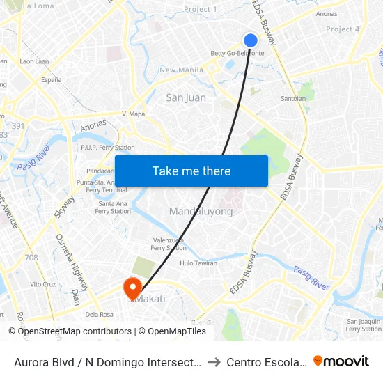 Aurora Blvd / N Domingo Intersection, Quezon City, Manila to Centro Escolar University map
