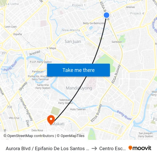 Aurora Blvd / Epifanio De Los Santos Avenue Intersection, Quezon City, Manila to Centro Escolar University map