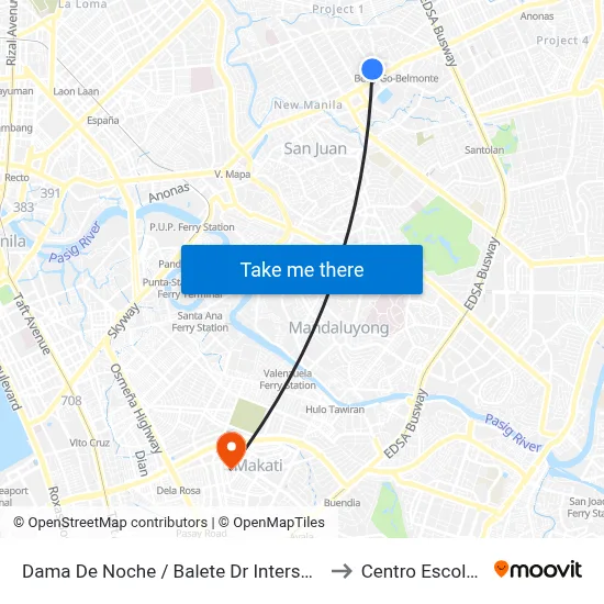 Dama De Noche / Balete Dr  Intersection, Quezon City, Manila to Centro Escolar University map