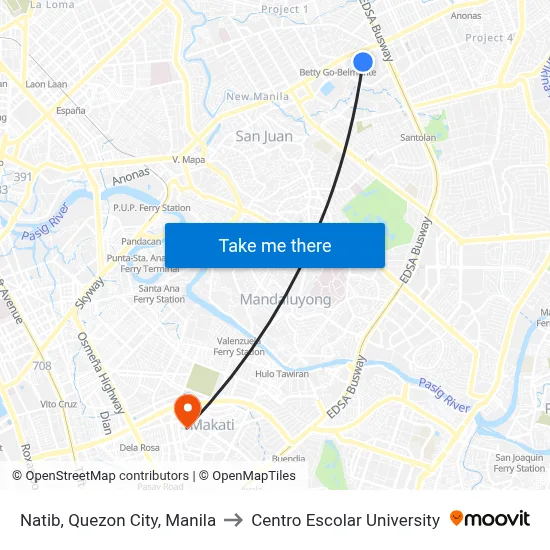 Natib, Quezon City, Manila to Centro Escolar University map
