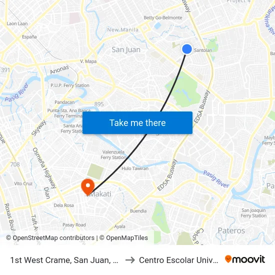 1st West Crame, San Juan, Manila to Centro Escolar University map