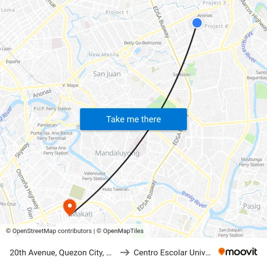20th Avenue, Quezon City, Manila to Centro Escolar University map