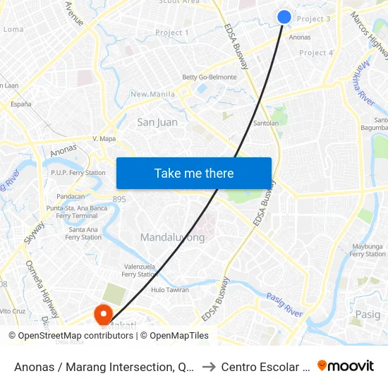 Anonas / Marang Intersection, Quezon City, Manila to Centro Escolar University map