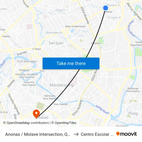 Anonas / Molave Intersection, Quezon City, Manila to Centro Escolar University map