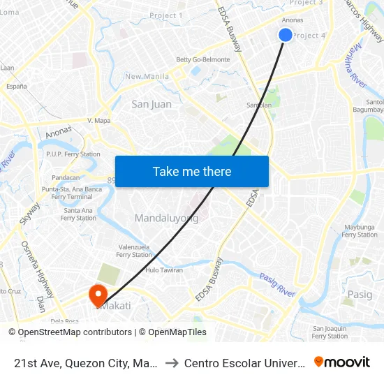 21st Ave, Quezon City, Manila to Centro Escolar University map