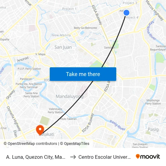 A. Luna, Quezon City, Manila to Centro Escolar University map