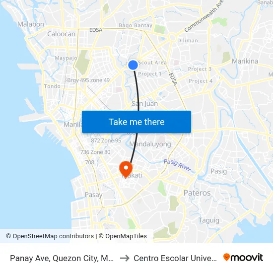 Panay Ave, Quezon City, Manila to Centro Escolar University map