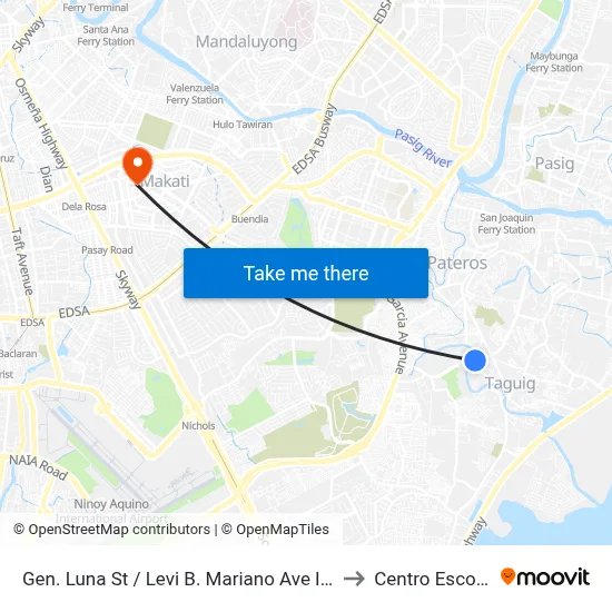 Gen. Luna St / Levi B. Mariano Ave Intersection, Taguig City, Manila to Centro Escolar University map