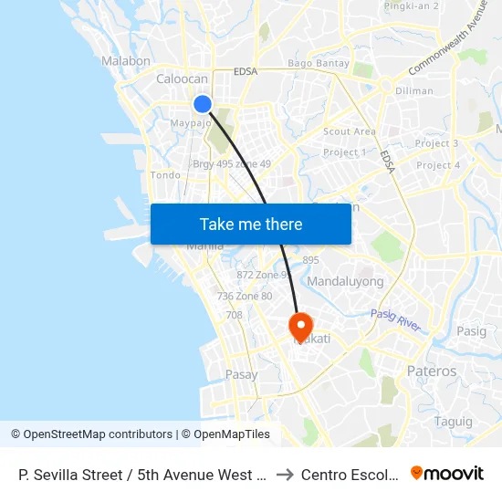 P. Sevilla Street / 5th Avenue West Intersection, Caloocan City to Centro Escolar University map