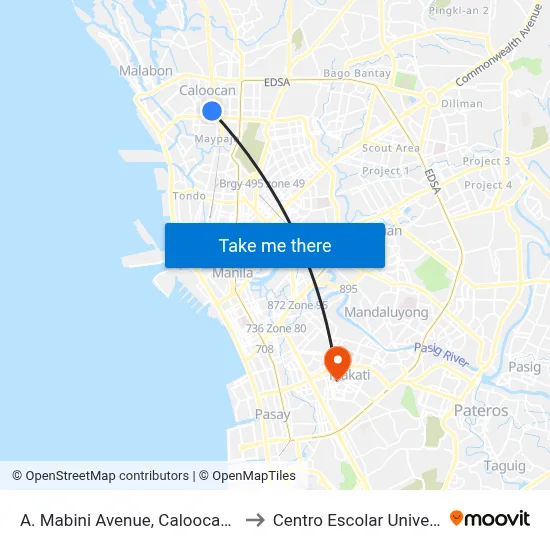 A. Mabini Avenue, Caloocan City to Centro Escolar University map