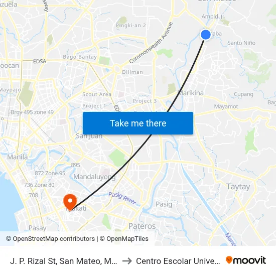 J. P. Rizal St, San Mateo, Manila to Centro Escolar University map