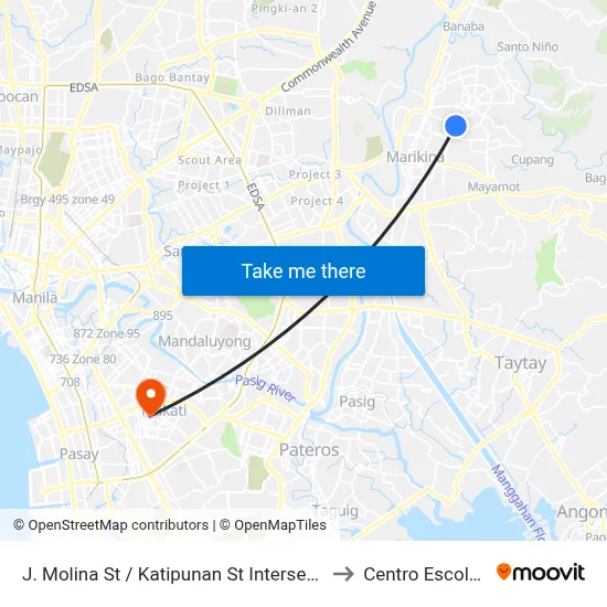 J. Molina St / Katipunan St Intersection, Marikina City, Manila to Centro Escolar University map