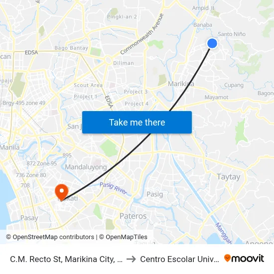 C.M. Recto St, Marikina City, Manila to Centro Escolar University map