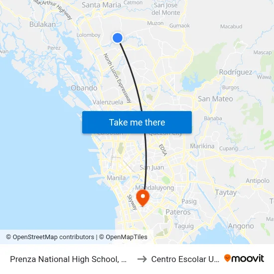 Prenza National High School, Marilao, Manila to Centro Escolar University map