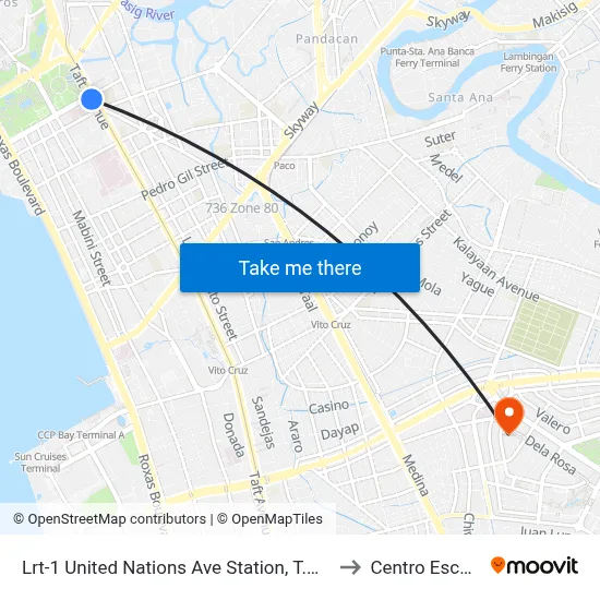Lrt-1 United Nations Ave Station, T.M. Kalaw / General Luna St, Manila to Centro Escolar University map
