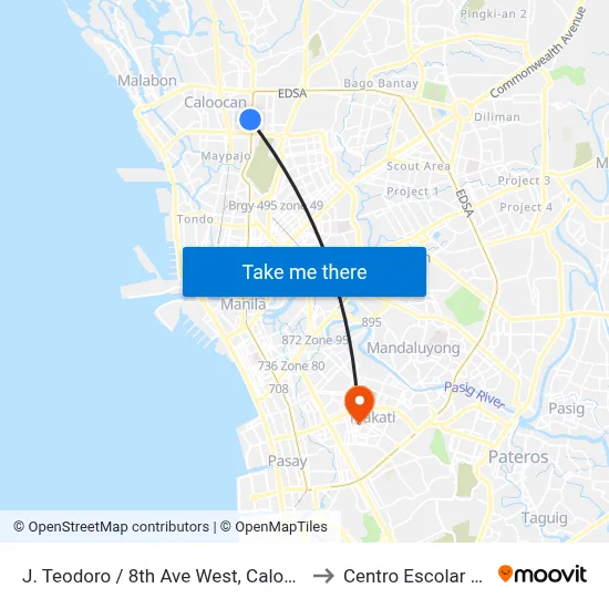 J. Teodoro / 8th Ave West, Caloocan City, Manila to Centro Escolar University map