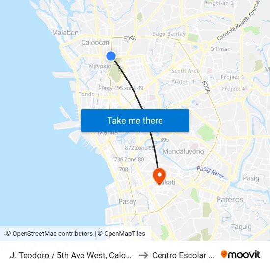 J. Teodoro / 5th Ave West, Caloocan City, Manila to Centro Escolar University map