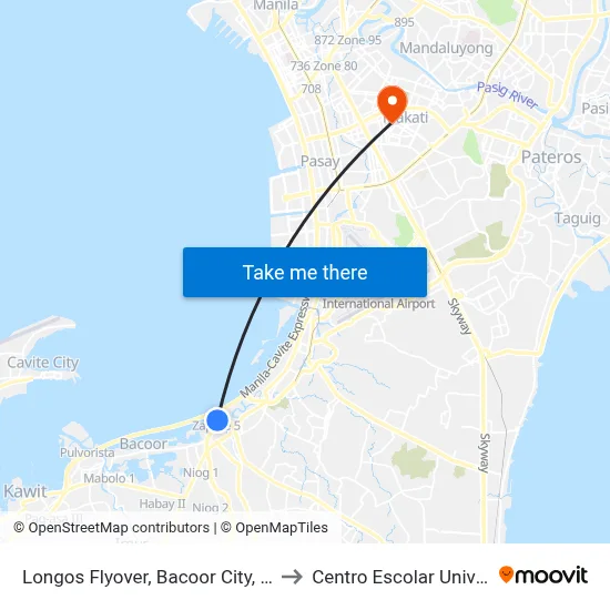 Longos Flyover, Bacoor City, Manila to Centro Escolar University map