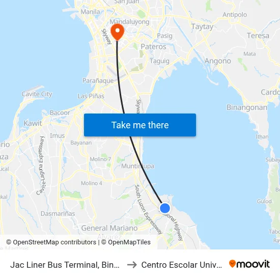 Jac Liner Bus Terminal, Binan City to Centro Escolar University map