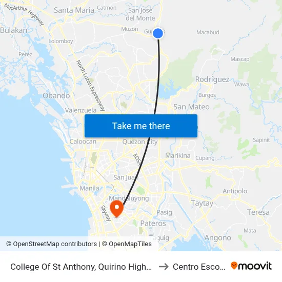 College Of St Anthony, Quirino Highway, City Of San Jose Del Monte to Centro Escolar University map